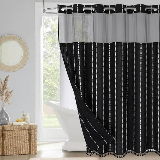 No Hooks Needed Farmhouse Shower Curtain with Snap-in Liner - with Window & Magnets, Boho Cotton Linen Fabric Shower Curtains with Tassels for Rustic Bathroom Decor, Black and White, 72 x 74 - ModernBath