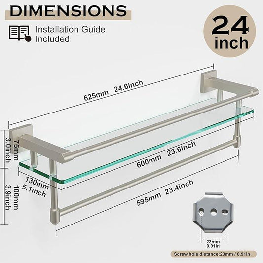 24-Inch Modern Wall-Mounted Bathroom Glass Shelf with 1 Shelf, Brushed Nickel, 1 Towel Bar, 45 lbs Weight Capacity - ModernBath