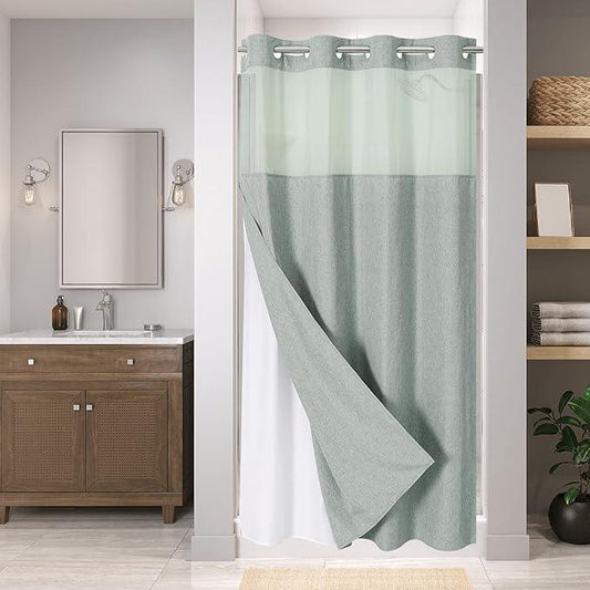 eachope Stall No Hooks Needed Linen Textured Shower Curtain with Snap-in Fabric Liner Set,Hotel Luxury Decor Farmhouse Shower Curtains for Bathroom,Waterproof & Washable,54Wx80H,Sage Green - ModernBath