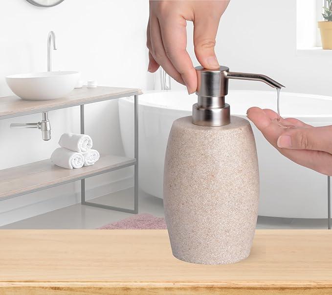 Clasin Home Sandstone Textured Resin Soap Dispenser with Metallic Pump and Waterproof Bottle Labels for Bathroom Kitchen Dish Hand Wash Shower Lotion Shampoo, 12 Oz, Beige - ModernBath