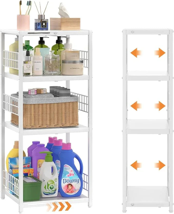 4 Tier Expandable Slim Storage Shelf, Metal Shelving Unit for Bathroom Storage Organizer, Freestanding Narrow Shelf for Small Spaces, Open Floor Shelves for Bathroom, Laundry Room, Kitchen,White - ModernBath