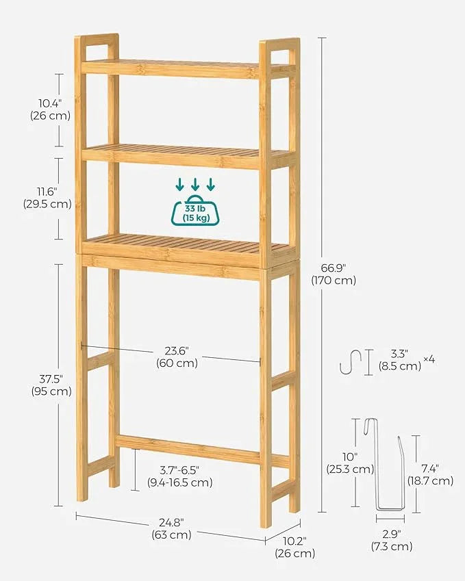 SONGMICS Over The Toilet Storage, 3-Tier Over Toilet Bathroom Organizer with Adjustable Shelf, 10.2 x 24.8 x 66.9 Inches, Space-Saving, Natural Beige UBTS001N01 - ModernBath