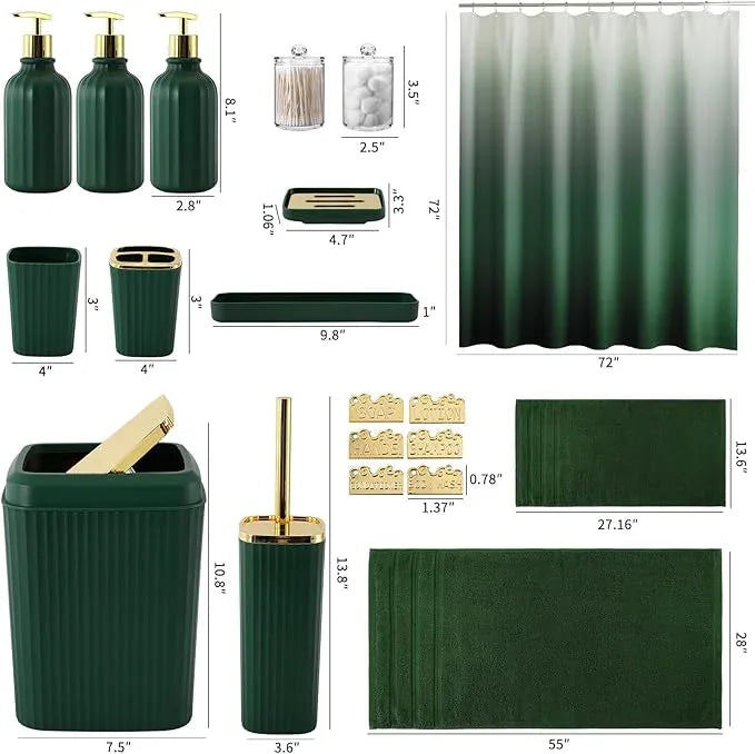 WSBArt 32PCS Bathroom Accessories Set Bathroom Set,Hunter Green Shower Curtain Set,Bath Towel Set,Hand Towel,Toilet Brush,Trash Can & 3PCS Soap Dispenser - ModernBath