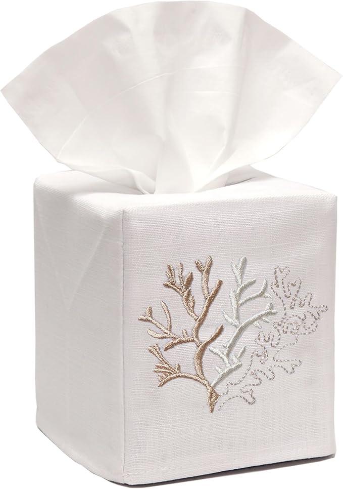 Jacaranda Living Square Tissue Box Cover, Linen/Cotton Fabric Tissue Holder, Decorative Cloth Tissue Cube Cover, Coastal Designs Coral (Beige) - ModernBath