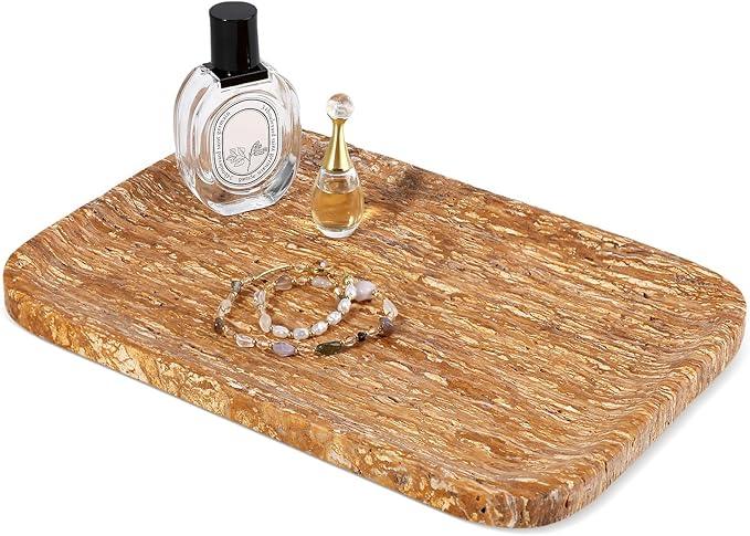 Karibiber Natural Marble Vanity Tray, 11.8" Travertine/Stone Bathroom Tray Countertop, Golden Stone for Perfume Jewelry Holder, Decorative Dresser Organizer, Storage for Kitchen Sink(Walnut Traver) - ModernBath