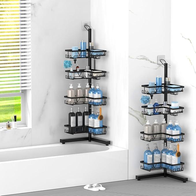 KEGII Corner Shower Caddy Standing – 4-Tier Shower Shelf Organizer with Hooks & Soap Holder, Free-Standing Bathroom Storage Rack for Shampoo & Toiletries, Black - ModernBath