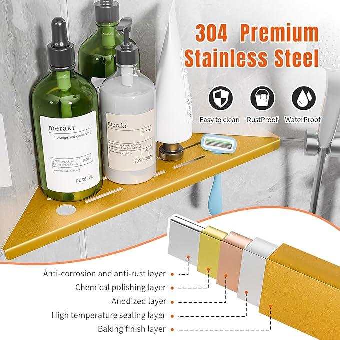 Shower Corner Shelf with Razor Hole,Modern Style Shower Caddy, Sturdy 304 Stainless Steel Shower Organizer,No Drilling Bathroom Corner Shelf for Tile Wall Gold 2 Pack-10 - ModernBath