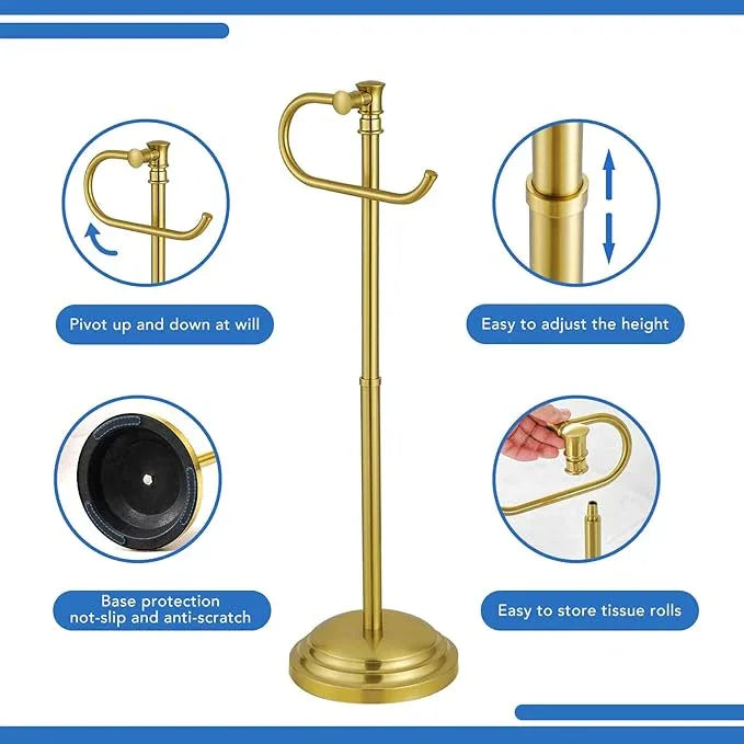 RUMOSE Toilet Paper Holder Stand for Floor, Brushed Gold Adjustable (12.4" to 22.8") Bathroom Toilet Tissue Holder, Free Standing Toilet Paper Roll Holder with Storage, Stainless Steel - ModernBath