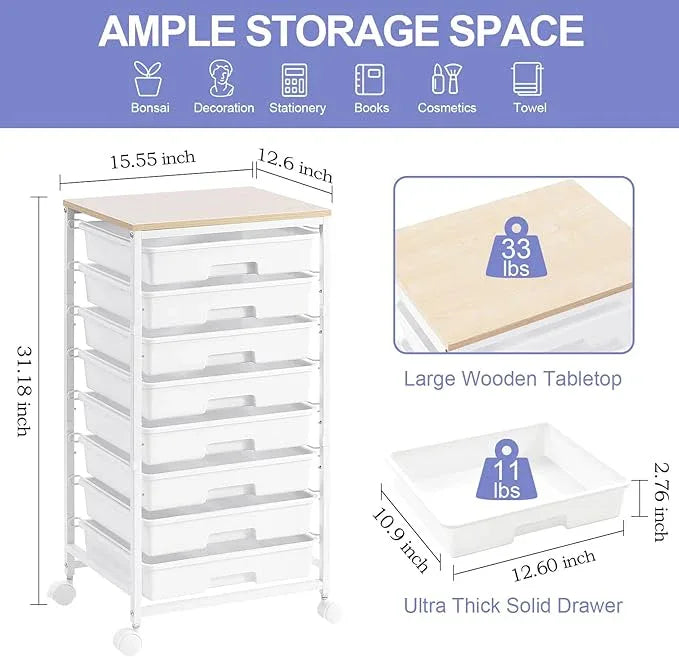 Rolling Storage Cart with Drawers,Utility Cart With 8 Drawers and Wooden Tabletop,Rolling Drawer Cart,Storage Drawer Cart for Living Room,Classroom,Bedroom,Bathroom,Dorm,Office,White - ModernBath