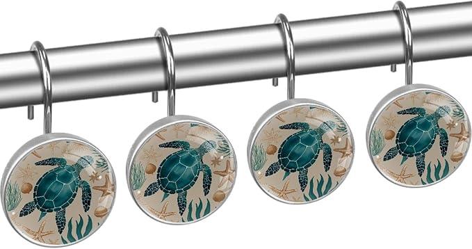 Vintage Nautical Ocean Turtle Shower Curtain Hooks, 12Pcs Decorative Rust Resistant Shower Rings for Shower Curtain Rods, Stainless Steel Round Curtain Hooks for Bathroom, Bedroom - ModernBath