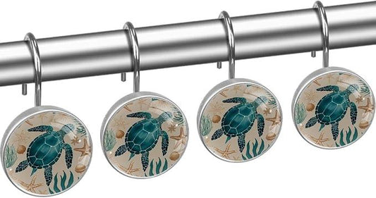 Vintage Nautical Ocean Turtle Shower Curtain Hooks, 12Pcs Decorative Rust Resistant Shower Rings for Shower Curtain Rods, Stainless Steel Round Curtain Hooks for Bathroom, Bedroom - ModernBath