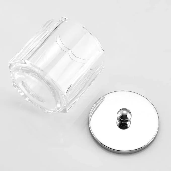 Indecor Home Clear Transparent Apothecary Octagional Shaped Glass Canister Jar With Silver/Chrome Metal Lid Cover for Bathroom Organization, Cotton Balls, Q Tips, and Small Accessories, Bath Storage - ModernBath