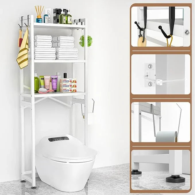 ZZL Over The Toilet Storage,3-Tier,Bathroom Toilet Organizer,Multifunctional Space Saver Freestanding Bathroom Shelves with 4 Hooks,White - ModernBath