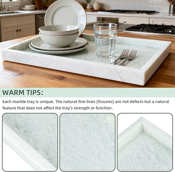 Yew & Tulip Natural Marble Vanity Tray, Luxury Stone with Light Green Textures Serving Tray for Bathroom, Kitchen, Vanity, Home Decor, Wedding etc. (12" x 8" x 1.2") - ModernBath
