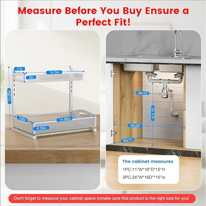 Metal Under Sink Organizer, Pull Out Cabinet Organizer Rack with Silk-Smooth Bottom Drawer, 5-Level Adjustable, Multi-Purpose Storage Shelf for Bathroom, Kitchen, Vanity, Pantry (2-Pack) - ModernBath