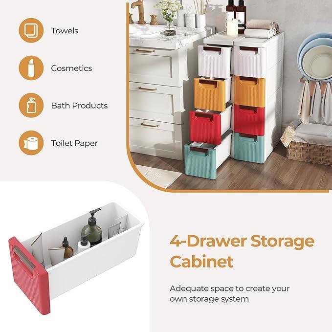 Giantex 4 Drawers Storage Cart, Narrow Plastic Dresser, Rolling Organizer Cart for Office Classroom Bedroom Bathroom Art Craft Supplies, Mobile Slim Utility Cart on Wheels, Multicolor - ModernBath