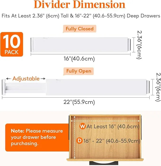 Lifewit 10 Pack Kitchen Drawer Dividers 2.36" High, 16"-22" Adjustable Drawer Organizer for Utensils/Clothes/Makeup, Plastic Expandable Separators in Dresser/Bedroom/Bathroom/Office Storage - ModernBath