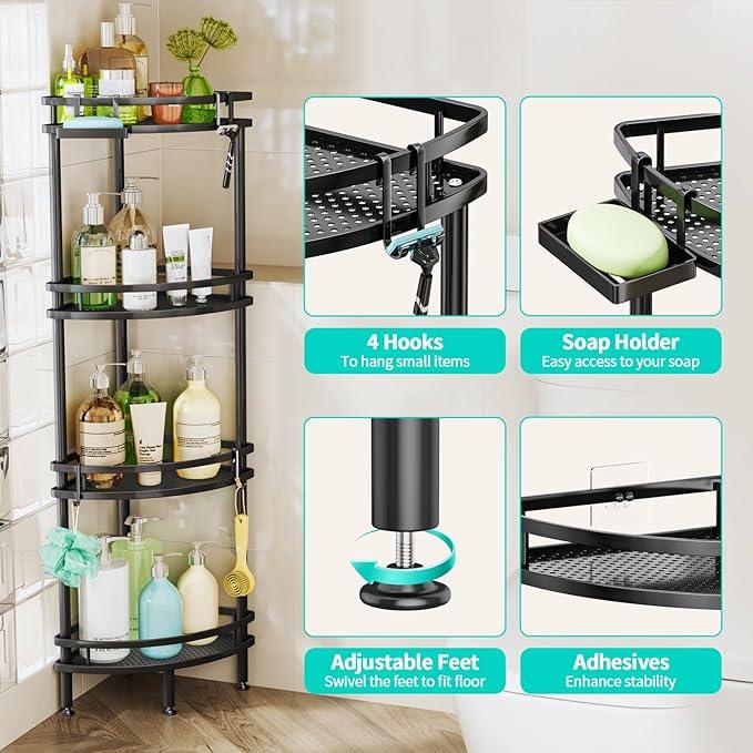 HapiRm Standing Corner Shower Caddy - 4 Tier Shower Organizer Corner with Soap Holder and 4 Hooks, Rustproof Bathroom Storage Shelves with Adhesives, Black - ModernBath