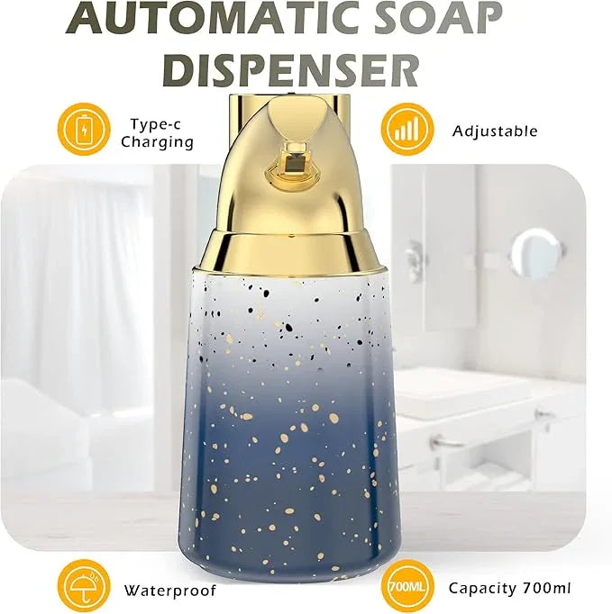 Greatmay Adjustable Automatic Soap Dispenser Touchless, Ceramic Material，4 Adjustable Levels， Type-c Rechargeable Operated Sensor Liquid Soap Pump，Touch-Free Hand Sanitizer Dispenser (Starry Gold) - ModernBath