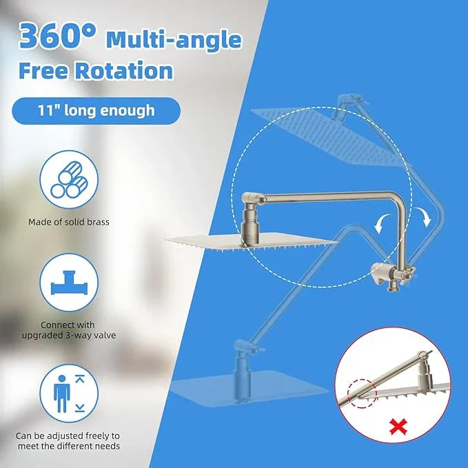 All Metal Shower Head, 8" High Pressure Rainfall/Handheld Shower Combo with 11" Extension Arm, 10-Spray Handheld Showerhead, 71" Long Hose, 3-Way Diverter Valve, Brushed Nickel - ModernBath