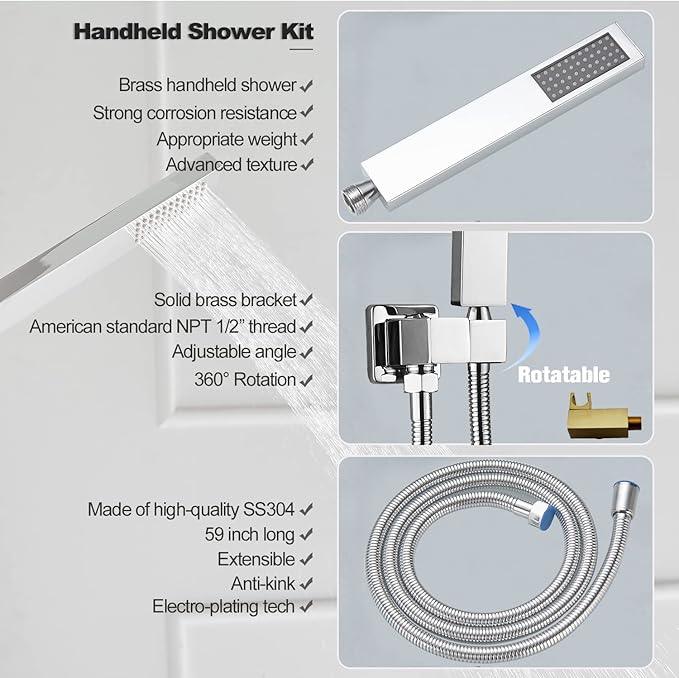 annazom Shower Faucet Set Polished Chrome Surface Large 12 Inch Shower Head Handheld Shower Combo Set High Pressure Recessed Wall Mount, Chrome - ModernBath
