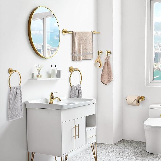 TQKAG Brushed Gold Bathroom Hardware Set 6-Piece Bathroom Accessory Set 23.6 Inch Round Stainless Steel Towel Bar Set Wall Mounted - ModernBath