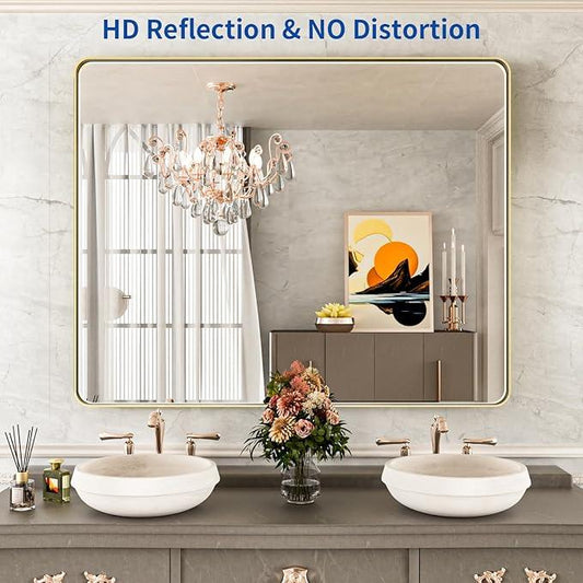 WEER Gold Bathroom Mirror, 40X32 Inch Brushed Gold Metal Frame Mirror, Rounded Rectangle Gold Bathroom Vanity Mirror for Wall, Tempered Glass, Anti-Rust, Hangs Horizontally or Vertically - ModernBath
