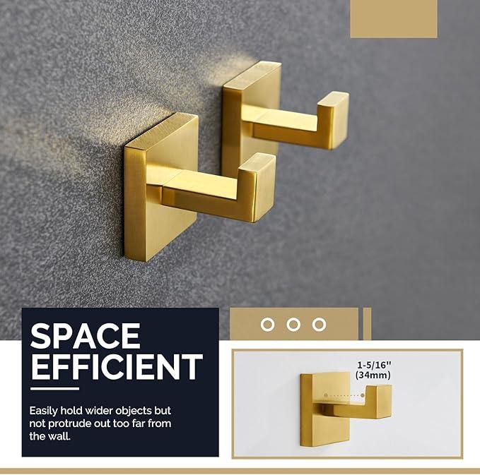 Angle Simple Towel Hook Brassy Gold 2 Pack, 304 Stainless Steel Square Robe Hook for Bathroom - ModernBath