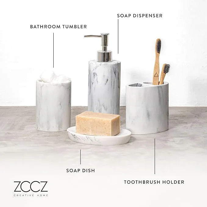 ZCCZ Bathroom Accessory Set, 4 Pcs Marble Look Bathroom Vanity Countertop Bathroom Décor Sets Accessories with Soap Dispenser, Toothbrush Holder Set, Tumbler, Soap Dish - ModernBath