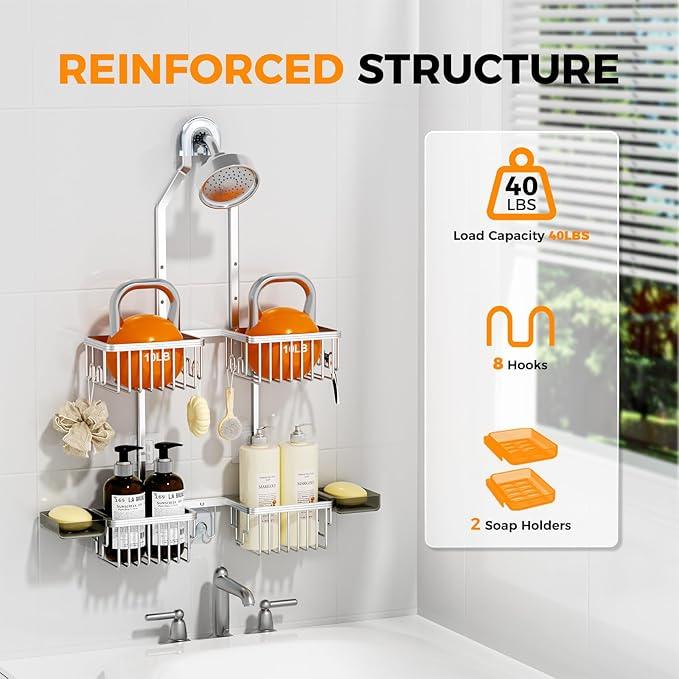 REINHARDT Aluminum Shower Caddy Hanging Adjustable Shower Caddy, Rustproof Hanging Shower Organizer with Hooks Soap Holders, Over Shower Head Caddy for Handheld Showerhead, Silver - ModernBath