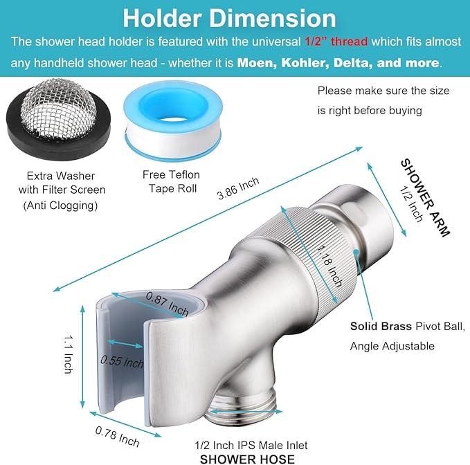 Shower Head Holder All Metal Adjustable Handheld Shower Arm Mount, 1/2" Shower Hose Holder Fits Most Hand Showerheads, Brass Hand Held Shower Head Holder , Easy to Install(Brushed Nickel) - ModernBath