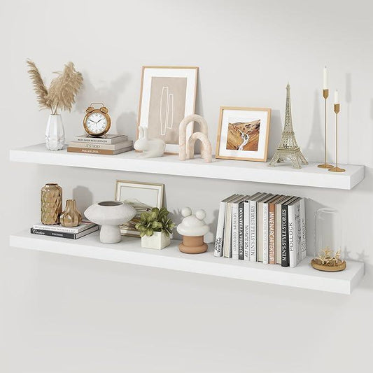 Floating Shelves for Wall, Wall Mounted Rustic Wood Shelves for Bathroom, Bedroom, Living Room, Kitchen, Hanging Shelf for Books/Storage/Room Decor (White, 55") - ModernBath