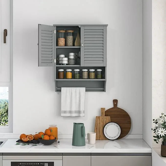 Tangkula Wall Mounted Bathroom Cabinet with Open Shelf & Bar, Medicine Cabinet with Double Louvered Doors, Wall Storage Cabinet with Adjustable Shelf, for Bathroom Living Room Kitchen (Grey) - ModernBath