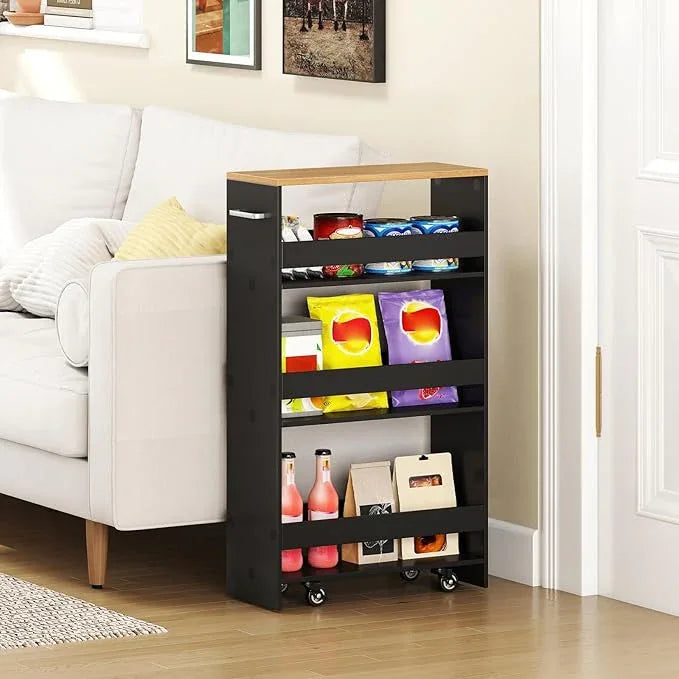 Small Kitchen Cart, 4-Tier Slim Rolling Island w/Handle, Laundry Room Storage Organizers Between Washer and Dryer, Narrow Spice Rack on Wheels Next to Fridge (Black, 8'') - ModernBath