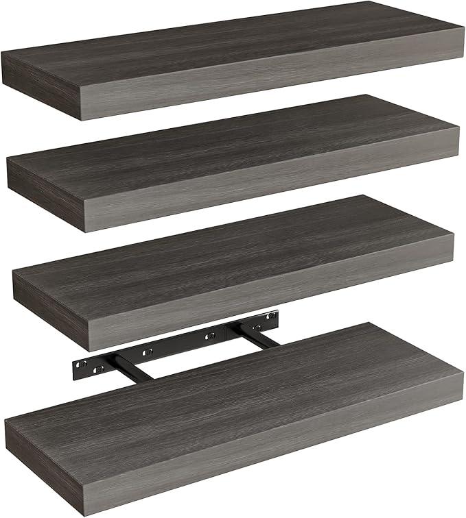 Fixwal 15.8in Floating Shelves, Rustic Wood Finish Wall Shelves Set of 4, Shelves for Wall Decor, with Invisible Brackets for Bathroom, Living Room,Bedroom and Kitchen(Gray) - ModernBath