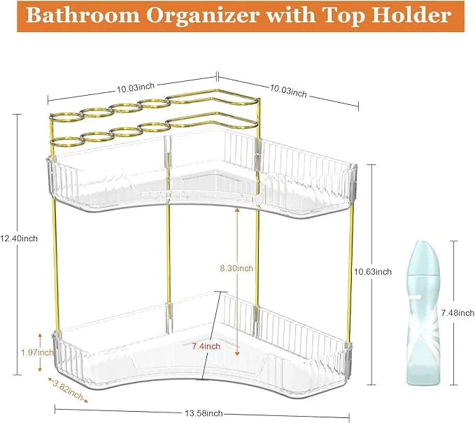 Webetop Corner Makeup Organizer for Vanity, 2 Tier Bathroom Cosmetics Organizer Countertop with Make up Brush Holder Corner Counter Storage Skincare Organizer for Bathroom Dresser Toiletry(Clear) - ModernBath
