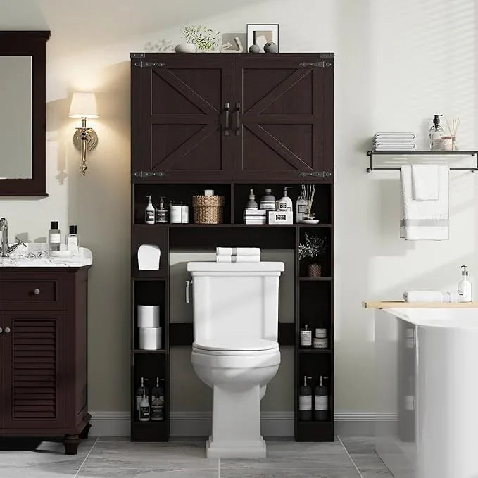 Vabches Over The Toilet Storage Cabinet, Farmhouse Storage Cabinet Over Toilet with 2 Barn Doors ，Toilet Paper Holder Stand，Home Space-Saving Toilet Rack, for Laundry, Restroom, Bathroom(Walnut) - ModernBath