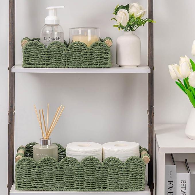 CubesLand Toilet Paper Storage Basket Scalloped Edge Home Decor Green Basket, Living Room Cozy Decor, Paper Rope Small Baskets for Over Toilet Storage Shelf, End Table, Shelves, with 2 Wooden Handles - ModernBath
