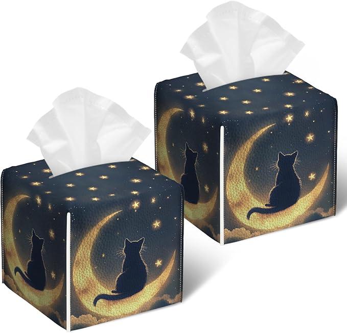 Starry Night Cat Tissue Box Cover 2PCS, Leather Tissue Box Holder Square Facial Paper Case Tissue Box Cube Organizer for Bathroom Bedroom Desk Office - ModernBath