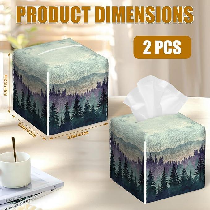 Misty Forest Tissue Box Cover 2PCS, Leather Tissue Box Holder Square Facial Paper Case Tissue Box Cube Organizer for Bathroom Bedroom Desk Office - ModernBath