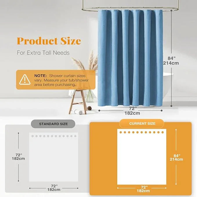 BTTN Extra Long Shower Curtain - 84 Inch Blue Linen Textured Heavy Duty Fabric Shower Curtain Set with 12 Hooks, Tall Luxury Simple Waterproof Cloth Shower Curtains for Bathroom, 72x84, Moonlight Blue - ModernBath