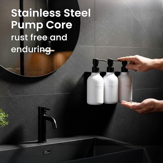 MaisoNovo Shampoo and Conditioner Dispenser - Shower Soap Dispenser Wall Mounted - 16.9 fl oz Set of 3 White Plastic Bottles Black Pump - 3 Chamber No Drill - ModernBath