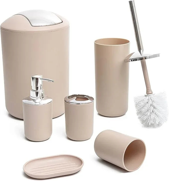 Moss & Stone 6-Piece Bathroom Accessories Set, Includes Soap Dispenser, Toothbrush Holder, Toothbrush Cup, Soap Dish, Complete Bathroom Decor Set (Beige) - ModernBath