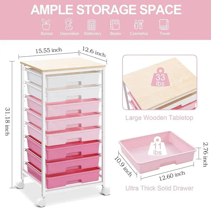 Rolling Cart with Drawers,Storage Cart with 8 Drawers and Wooden Tabletop,Utility Cart for Living Room,Classroom, Bedroom,Bathroom,Dorm,Office,Rose Pink - ModernBath