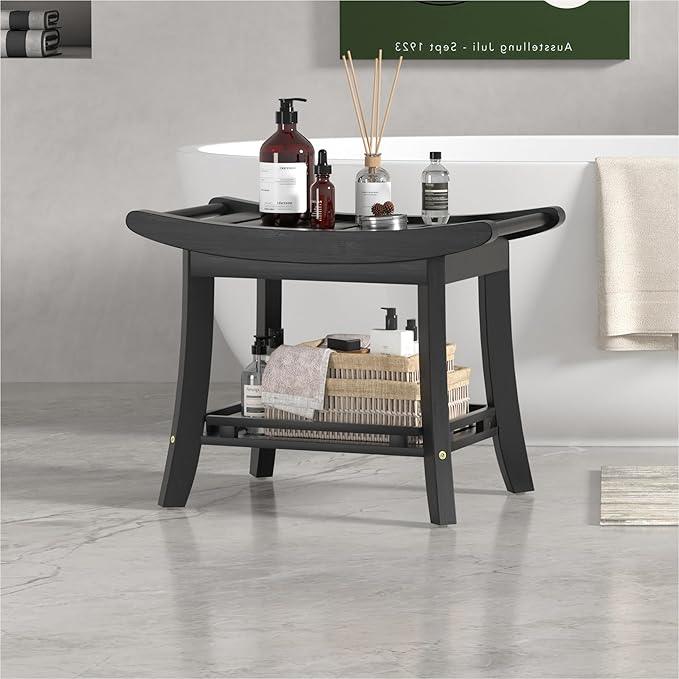 Eastglory Bamboo Shower Bench Chair Bathroom Shower Stool Seat for Inside Shower Bathtub with Storage Shelf Shower Foot Rest for Shaving Legs 25.2 x 13 x 19.2 Inches Black - ModernBath