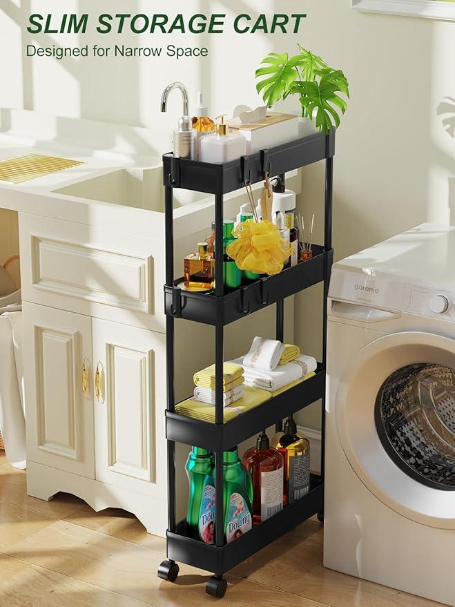 LEHOM 5.1" Slim Storage Cart - 4 Tiers Bathroom Organizer Mobile Shelving Unit Storage Rolling Utility Cart Slide Out Organizer for Kitchen Bathroom Laundry Narrow Places - ModernBath