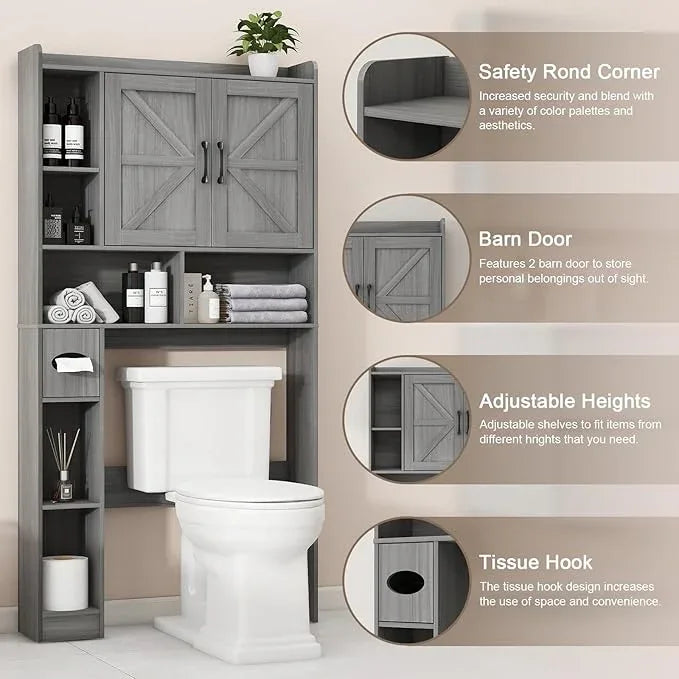 Vabches Over The Toilet Storage Cabinet, Farmhouse Style with 2 Barn Doors, Toilet Paper Holder, Space-Saving for Bathroom & Laundry, Gray - ModernBath