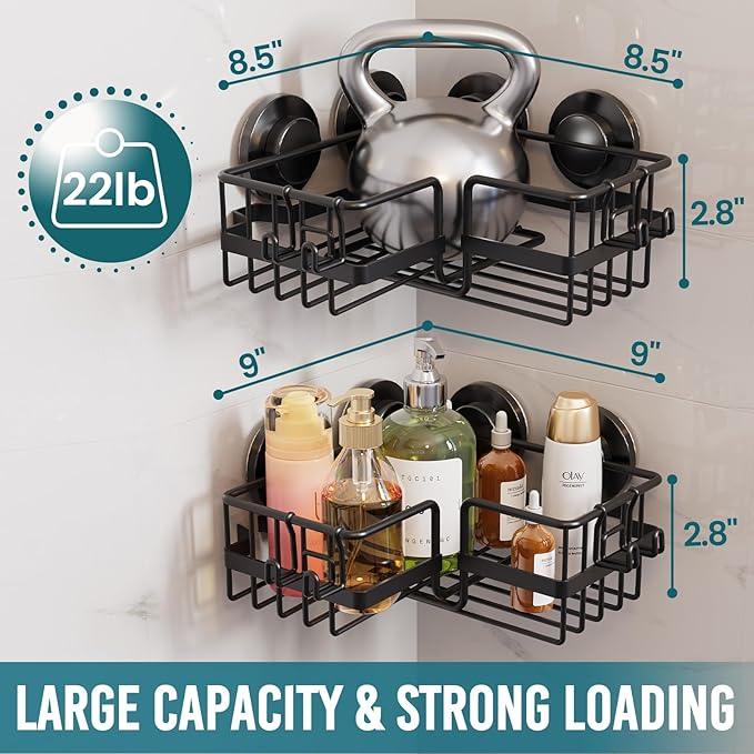 TAILI 2 Pack Corner-adaptive Suction Cup Shower Caddy, Stainless Steel Rustproof Corner Shower Shelves, Large Capacity, Removable Suction Cup Bathroom Organizer, Drill-Free Wall Mounted Baskets, Black - ModernBath
