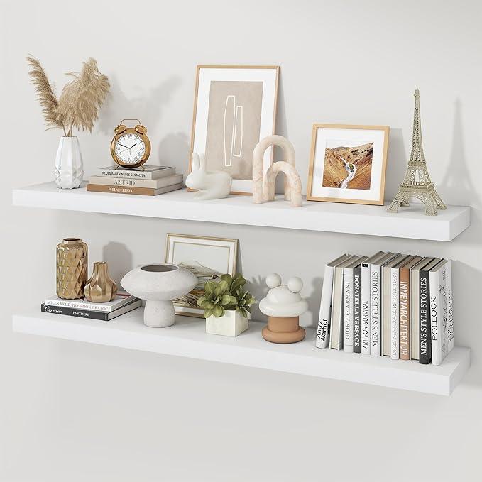 Floating Shelves for Wall, Wall Mounted Rustic Wood Shelves for Bathroom, Bedroom, Living Room, Kitchen, Hanging Shelf for Books/Storage/Room Decor (White, 48") - ModernBath