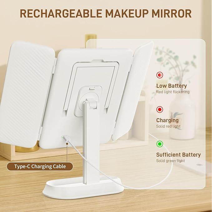 FRANO Vanity Mirror with Lights - Rechargeable Lighted Makeup Mirror | 1X/3X/5X Magnification, Smart Touch, 3 Colors Dimmable | Portable Trifold Mirror for Travel for Women and Girls - ModernBath